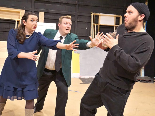 Jordan Garton, from left, Eric Wells and John Hall rehearse during the Fort Smith Little Theatre's recent production of "Noises Off." The theater group will stage several plays in 2019, including "Happily Ever After: A Wedding Comedy," which will be directed by Wells. [PHOTO COURTESY FORT SMITH LITTLE THEATRE]