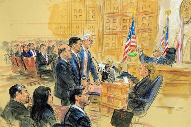 This courtroom sketch depicts President Donald Trump's former national security adviser, Michael Flynn, standing center, flanked by his lawyers, listening to U.S. District Judge Emmet Sullivan in federal court in Washington on Tuesday. [DANA VERKOUTEREN/VIA THE ASSOCIATED PRESS]