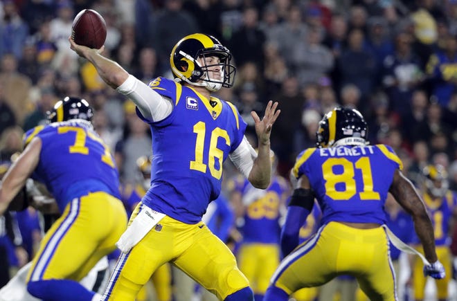 Los Angeles Rams quarterback Jared Goff throws a pass during a game against the Philadelphia Eagles on Dec. 16 in Los Angeles. [AP Photo/Jae C. Hong]