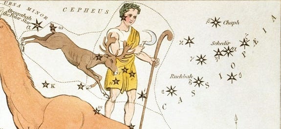 The dim stars of the obsolete constellations, the Reindeer and Harvest Hunter, were charted near the famed W-shaped constellation Cassiopeia. This is a portion of a star map printed in 1825. Custos Messium the Harvest Keeper is another temporary constellation that wasn’t kept. [Urania’s Mirror/ U.S. Library of Congress]