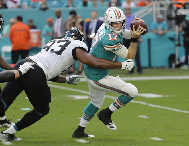 Jacksonville Jaguars defensive end Calais Campbell (93) sacks Miami Dolphins quarterback Ryan Tannehill (17), during the first half at an NFL football game, Sunday in Miami Gardens. [LYNNE SLADKY/AP PHOTO]