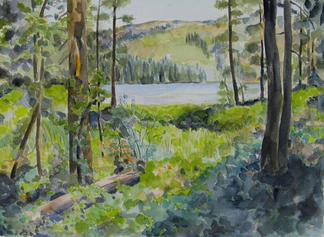 A watercolor by Joan Casey titled Mountain Lake, one of the pieces to be hung in a show of patrons' art at the Weed Library. Submitted