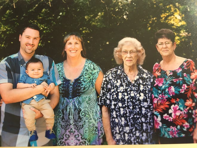 Five generations: Mason Cid, 6 months, is held by his father, Steven Cid, while surrounded by his grandmother, Deena Cid, great-great-grandmothers, Francine Birchfield, and great-grandmother, Cynthia Brown.