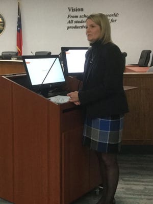 Heather Handy, principal at Herschel V. Jenkins High School, spoke to the district's Accountability Committee on Nov. 27 about how the school improved the graduation rate and test scores. [Ann Meyer/Savannahnow.com]