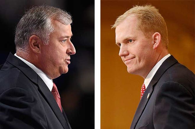 Rep. Larry Householder, R-Glenford, left, and current Ohio House Speaker Ryan Smith, R-Bidwell, are struggling to be the next speaker. A 2009 GOP struggle in the Texas House led to a bipartisan coalition that has lasted since. [File photos]