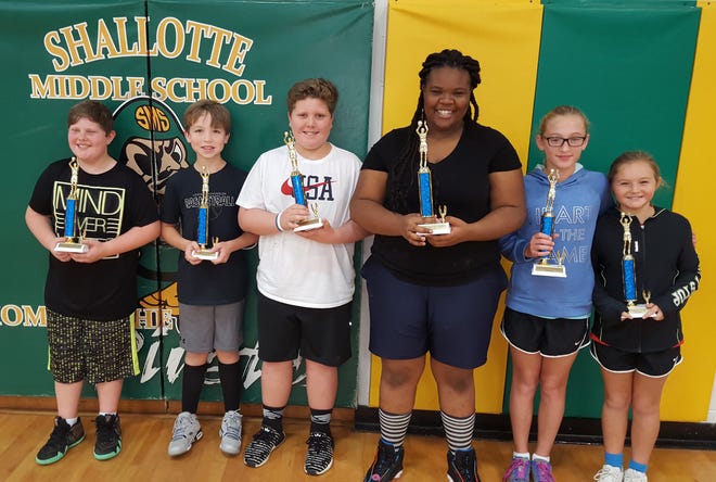 Six local youngsters became local champions Dec. 15 in the Hoop Shoot, a free-throw shooting contest at Shallotte Middle School that was sponsored by the three Elks Lodges in Brunswick Colunty. They'll go on to compete at the regional level. [CONTRIBUTED PHOTO]