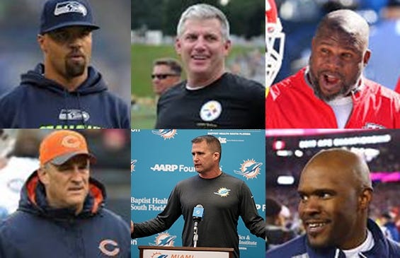 The six candidates connected to Dolphins coaching search: (top row, l-r) Kris Richard, Mike Munchak, Eric Bieniemy; (bottom row, l-r) Vic Fangio, Darren Rizzi, Brian Flores