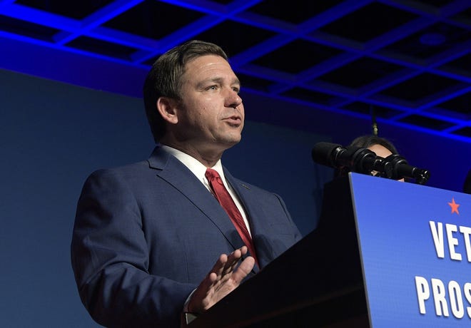 In this Nov. 6 photo, Florida Gov.-elect Ron DeSantis addresses supporters after he was declared the winner of the election at his party in Orlando. [AP Photo/Phelan M. Ebenhack, File]