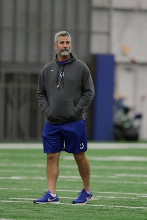 Indianapolis Colts head coach Frank Reich watches during practice at the NFL team's facility, Wednesday, Jan. 2, 2019, in Indianapolis. The Colts will play the Houston Texans in an NFL wildcard playoff game on Saturday. (AP Photo/Darron Cummings)