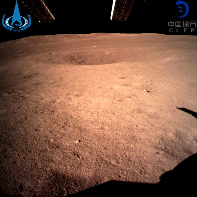 In this photo provided Jan. 3, 2019, by China National Space Administration via Xinhua News Agency, the first image of the moon's far side taken by China's Chang'e-4 probe. A Chinese spacecraft on Thursday, Jan. 3, made the first-ever landing on the far side of the moon, state media said. The lunar explorer Chang'e 4 touched down at 10:26 a.m., China Central Television said in a brief announcement at the top of its noon news broadcast.(China National Space Administration/Xinhua News Agency via AP)