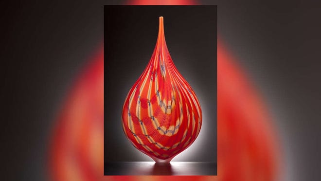 Lino Tagliapietra's "Tortuga," a blown glass piece created in 2009, features vivid caning and his characteristic slender base. Tagliapietra's work, along with glass sculptures by Giles Bettison, Clare Belfrage and Kazuki Takizawa, are on view in "Murano Mosaic -- Persistence and Evolution" at the Ann Norton Sculpture Gardens in West Palm Beach. [Courtesy of the artist and Tansey Contemporary]