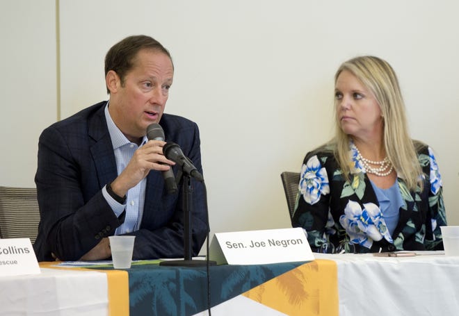 Former Florida Senate President Joe Negron speaks after Palm Beach County Commissioner Melissa McKinlay, right, during a 2017 roundtable discussion about the opioid crisis in Palm Beach County at Palm Beach State College in Lake Worth. [Meghan McCarthy/ PalmBeachPost.com]