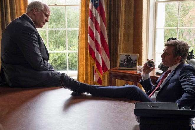 Christian Bale plays Dick Cheney, left, and Sam Rockwell plays George W. Bush in a scene from "Vice." [Matt Kennedy/Annapurna Pictures via AP]