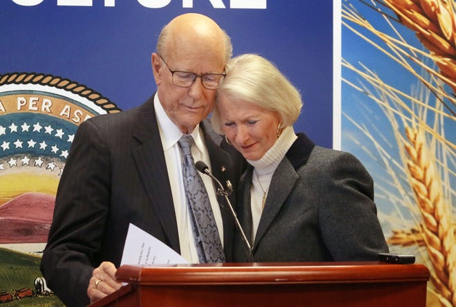 U.S. Sen. Pat Roberts and his wife Franki Shared a moment after the senator announced Friday in Manhattan that he will not run for a fifth-term in 2020. [THAD ALLTON/THE CAPITAL-JOURNAL]