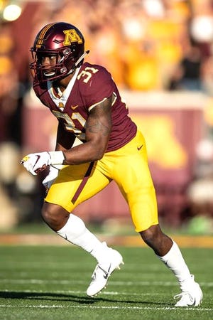 Former Northside high School football player Kiondre Thomas, during a game this season as he plays for Minnesota. [SUBMITTED PHOTO]