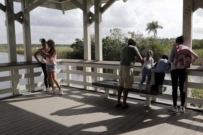 Visitors look at the scenery outside of the Ernest F. Coe Visitor Center in Everglades National Park, on Friday in Homestead. As the partial government shutdown drags on, private organizations, local businesses, volunteers and state governments are putting up the money and manpower to keep national parks across the U.S. open, safe and clean for visitors. [AP Photo/Lynne Sladky]