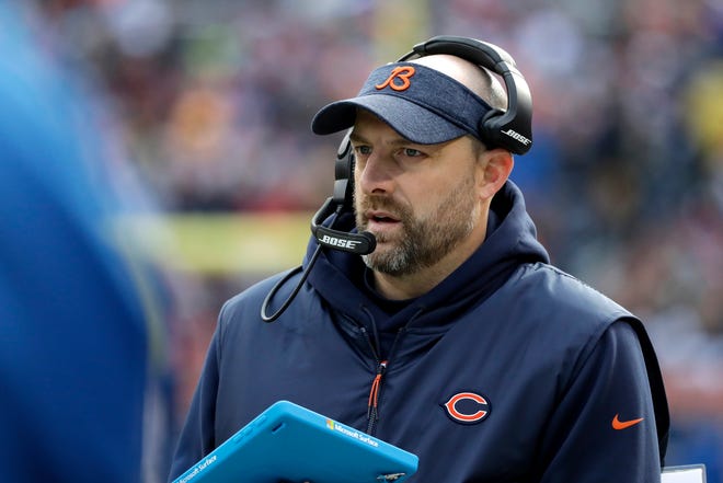 FILE- In this Dec. 16, 2018, file photo, Chicago Bears head coach Matt Nagy watches the action from the sideline during the first half of an NFL football game against the Green Bay Packers in Chicago. After winning the NFC North, the Bears host the Philadelphia Eagles in a wild card game packed with story lines on Sunday, Jan. 6, 2019. (AP Photo/Nam Y. Huh, File)