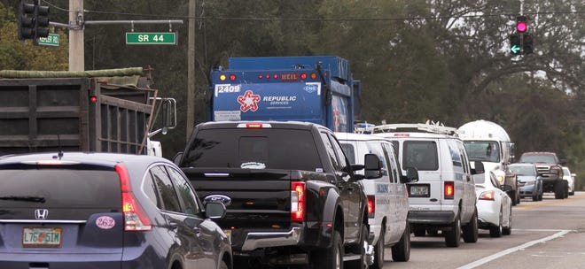 Traffic backs up at State Road 44 and Kepler Road in DeLand on Monday, Jan. 8, 2018. Volusia County officials are once again considering a sales-tax increase to pay for improved roads and other infrastructure projects. [News-Journal/David Tucker]