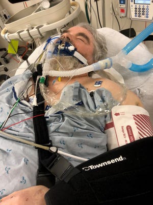 Myron Ballou, 70, developed pneumonia after a stay at Rolling Hills Hospital in Ada. His left arm is in a sling because of a dislocated shoulder. [Photo provided by Marsha Ballou]