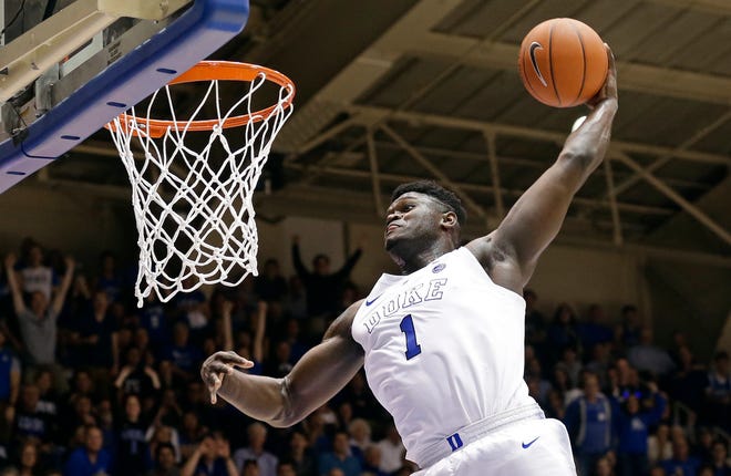 Duke's Zion Williamson dunks during the second half of a game against Clemson in Durham on Saturday. Duke won 87-68. [AP Photo/Gerry Broome]