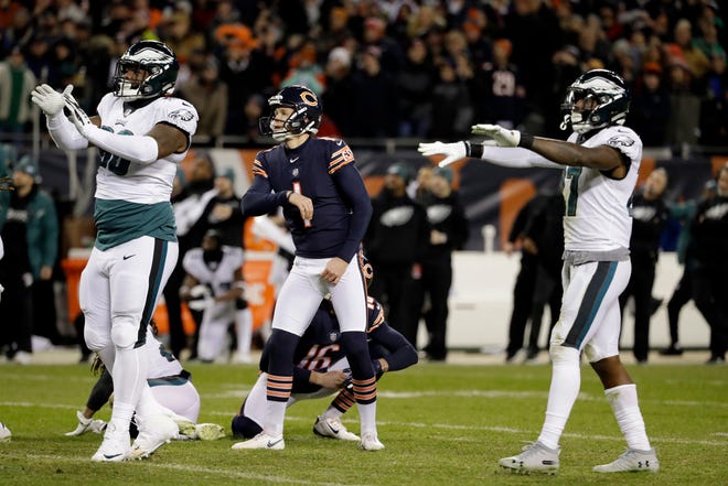 Chicago Bears kicker Cody Parkey watches as he misses a field goal in the final minute Sunday. The Eagles won 16-15. [Nam Y. Huh / The Associated Press]