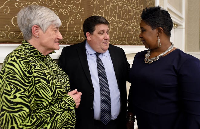 Democratic Chairman Joe Andl chats with with county Clerk Joanne Schwartz, left, and Freeholder Felicia Hopson on election night. Andl revealed in a letter to committee members that the public and press would not be permitted to attend Thursday night’s forum at the Kennedy Center in Willingboro, which will feature presentations from candidates interested in filling George Youngkin’s seat. [ARCHIVE PHOTO]