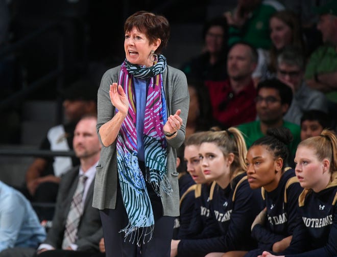 Notre Dame head coach Muffet McGraw works the sideline during the second half of an NCAA college basketball game against Georgia Tech, Sunday, Jan. 6, 2019, in Atlanta. (AP Photo/John Amis)