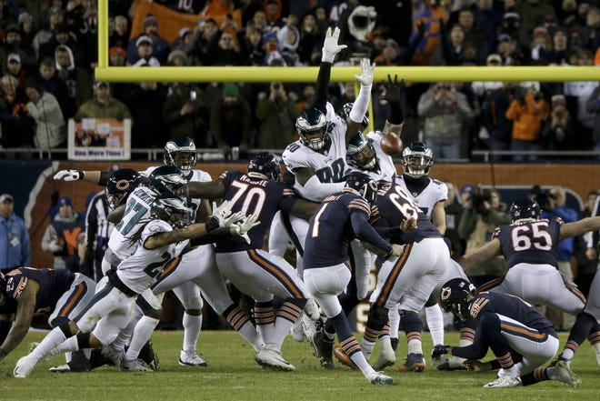 Chicago Bears kicker Cody Parkey (1) kicks and misses a field goal during the second half of an NFL wild-card playoff game against the Philadelphia Eagles on Sunday in Chicago. The Eagles won 16-15. [AP Photo/David Banks]
