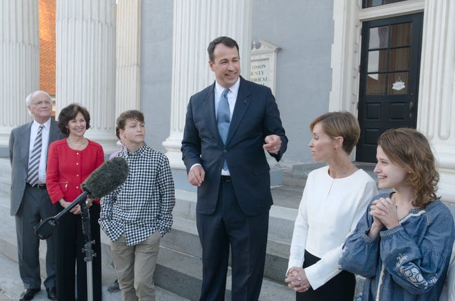 On Tuesday, Lexington native Cal Cunningham (center) announced that he will seek the Democratic nomination for the lieutenant governor's race in 2020. Pictured are Cunningham's parents, Calvin and Julee (from left), Cunningham's son Will, Cunningham's wife Elizabeth and Cunningham's daughter Caroline. [Ben Coley/The Dispatch]
