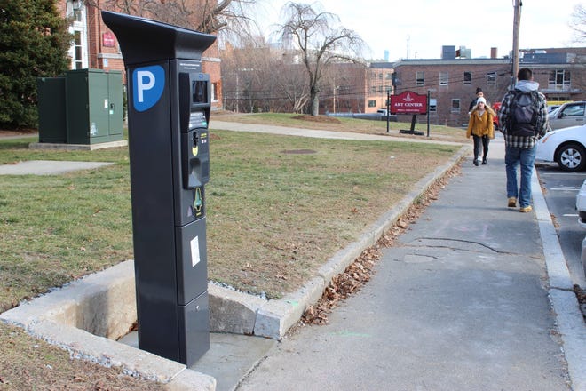 The parking kiosk installed on School Street in Bridgewater. (Corlyn Voorhees/The Enterprise)