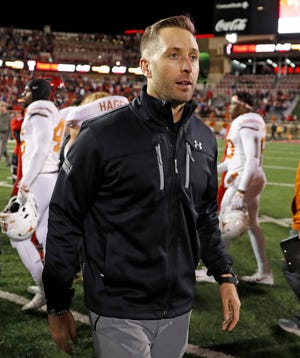 FILE - In this Nov. 10, 2018 file photo Texas Tech coach Kliff Kingsbury walks off the field after the team's NCAA college football game against Texas in Lubbock, Texas. The Arizona Cardinals have hired Kingsbury, a move aimed at providing guidance for young quarterback Josh Rosen and resuscitating the worst offense in the NFL. The Cardinals announced the hiring Tuesday, Jan. 8, 2018 after a long interview earlier in the day. (AP Photo/Brad Tollefson, file)
