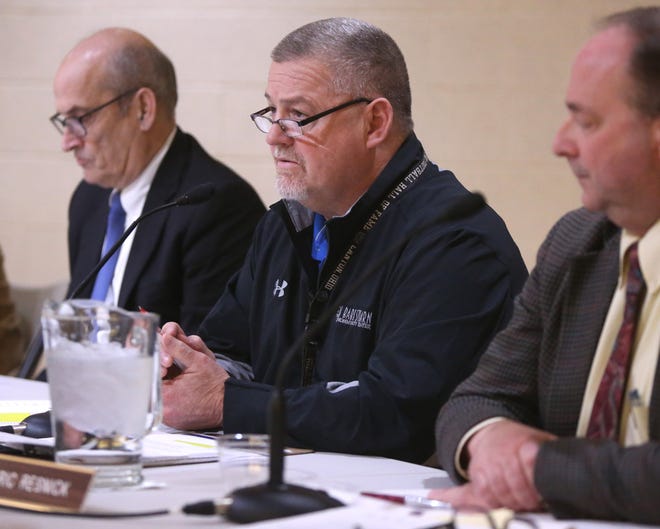 John M. Rinaldi, president of the Canton City School's Board of Education, talks about the approval of a transition contract that paves the way for the official departure of Superintendent Adrian Allison during a school board meeting at the McKinley Downtown Campus in Canton on Tuesday, Jan. 8, 2019. (CantonRep.com / Scott Heckel)