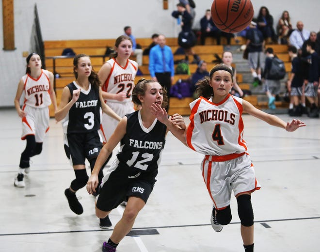 Freetown-Lakeville's Gianna Sarkisian, left, and Middleboro's Jessica Perry chase down a loose ball last Thursday at the Nichols Middle School in Middleboro. Both the boys and girls teams were in action on the day, and the Gazette was there to photograph both games. Check this week's Gazette for more photos, and look for full photo galleries for each of the four teams in the next week or so. [Jon Haglof/The Gazette/SCMG]