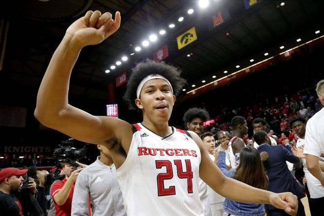 Rutgers forward Ron Harper Jr. celebrates after defeating Ohio State on Wednesday. [Julio Cortez / The Associated Press]