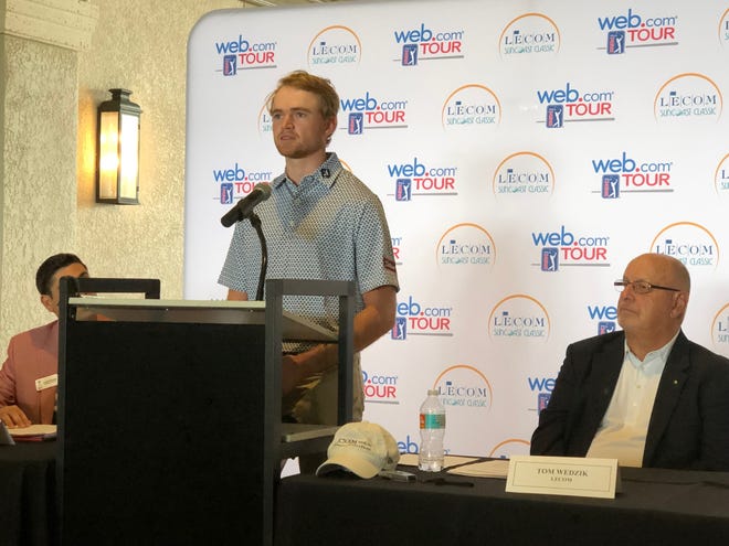 Lakewood Ranch resident and new Web.com Tour member Danny Walker discusses next month's LECOM Suncoast Classic during a press conference Wednesday at Lakewood National Golf Club. [STAFF PHOTO / SCOTT LOCKWOOD]