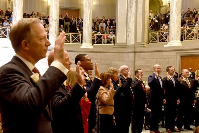 Missouri senators are sworn in Wednesday during the 100th General Assembly at the Capitol Building. [Don Shrubshell/Tribune]