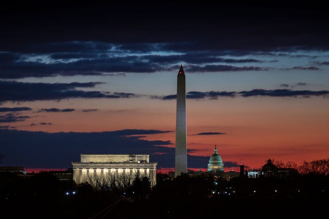 The Washington skyline is seen on day 19 of a partial government shutdown on the morning after President Donald Trump used a prime-time TV address from the Oval Office to urge congressional Democrats to relent on their opposition to his proposed U.S.-Mexico border wall, Wednesday, Jan. 9, 2019. From left are the Lincoln Memorial, the Washingtonton Monument, and the U.S. Capitol. (AP Photo/J. Scott Applewhite)