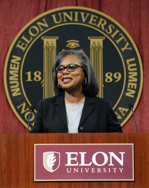 Anita Hill, an attorney, professor of law and advocate for equality and civil rights, delivers the 2019 Martin Luther King Jr. Commemorative Address on Thursday night at Elon University. Hill became a national figure in 1991 when she accused U.S. Supreme Court nominee Clarence Thomas, her supervisor at the United States Department of Education and the Equal Employment Opportunity Commission, of sexual harassment. Hill currently teaches at the Heller School for Social Policy and Management at Brandeis University in Waltham, Mass. [Robert Thomason / Times-News]