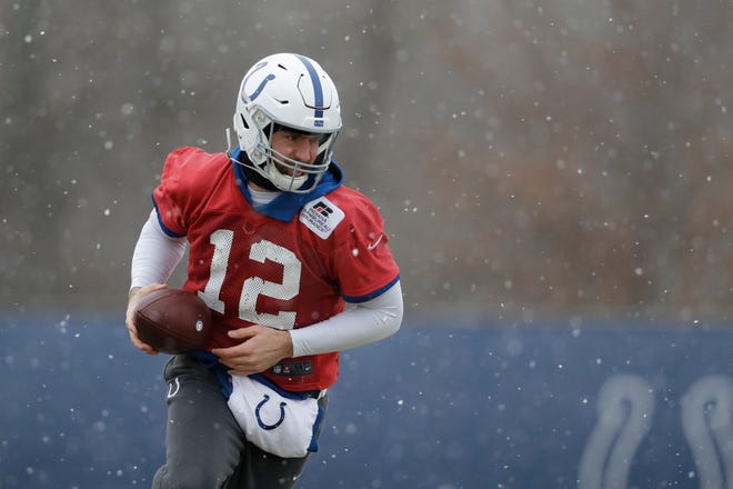 Indianapolis Colts quarterback Andrew Luck runs a drill during practice at the NFL football team's facility, Wednesday, Jan. 9, 2019, in Indianapolis. The Colts will play Kansas City in a AFC divisional round game on Saturday. (AP Photo/Darron Cummings)