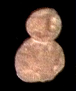 Ultima Thule, 21 miles long and pictured 85,000 miles away as NASA’s New Horizons spacecraft made its historic flyby on Jan. 1. Ultima Thule orbits the sun far beyond Pluto, and wasn’t even known until researchers purposely looked for a next target within range once New Horizons went past Pluto in 2015. [NASA/Johns Hopkins University Applied Physics Laboratory/Southwest Research Institute]