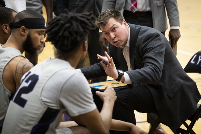 LC coach Pat Lepper motivates his team to defeat nationally ranked College of the Ozarks (#19) in overtime. [Photo submitted by Lincoln College]