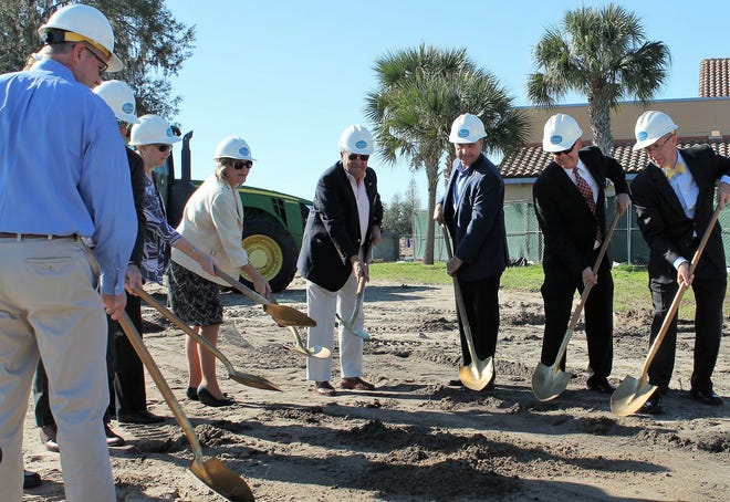 From left, Cornerstone Hospice Operations Board Chair Mark Starcher, Villagers for Hospice President Arlene Bentz, Cornerstone Hospice Foundation Board Chair Ann Tallman, Villages Homeowners Association President Fred Briggs, Sumter County Tax Collector Randy Mask, Cornerstone Hospice Foundation Executive Director Nick Buchholz and Cornerstone Hospice CEO Chuck Lee were on hand for a recent groundbreaking. [Submitted photo]