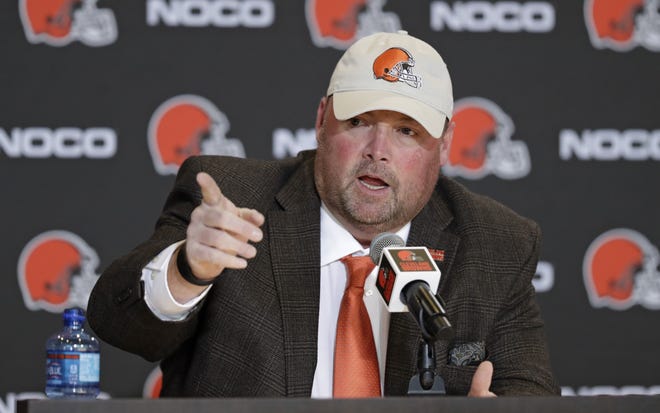 The Cleveland Browns' new NFL football head coach Freddie Kitchens answers questions during a news conference, Monday, Jan. 14, 2019, in Cleveland. [AP Photo/Tony Dejak]