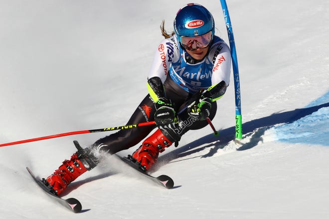 United States' Mikaela Shiffrin competes during an alpine ski, women's World Cup giant slalom, in Kronplatz, Italy, Tuesday, Jan. 15, 2019. (AP Photo/Marco Trovati)
