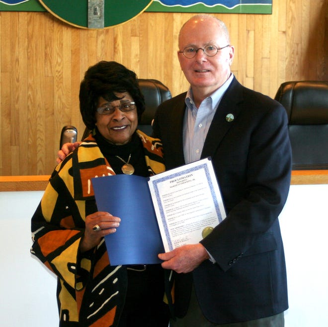 Elmira/Corning NAACP President Georgia Verdier poses with Corning Mayor Bill Boland Monday at City Hall. [SHAWN VARGO/THE LEADER]