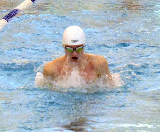Campbell-Savona's Caine Taft swims in the 200 yard medley relay Tuesday. [TOM PASSMORE/THE LEADER]