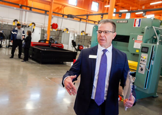 Reno Campus Director Tim Perdue talks about the welding shop and programs offered in the new Industrial Technology building Monday at Francis Tuttle Technology Center, 7301 W Reno Ave. [Photo by Nate Billings, The Oklahoman]