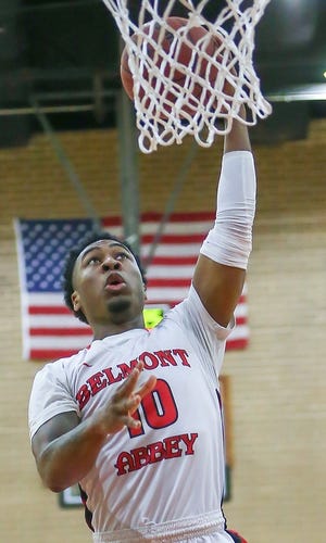DeQuan Abrom scored 28 points to lead Belmont Abbey in a 105-41 rout of Christendom Wednesday night. He also hit the 1,000-point career mark as a Crusader. [Chris Coutinho/Special to The Gazette]
