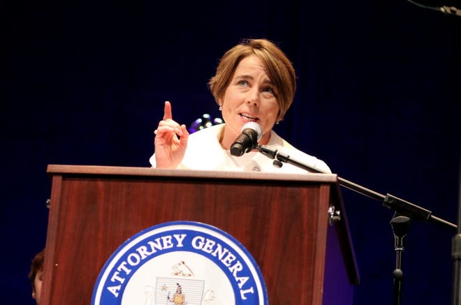 Massachusetts Attorney General Maura Healey outlines her priorities for a second term in a speech Wednesday to hundreds at the Emerson Colonial Theatre. [Photo/Sam Doran/SHNS]