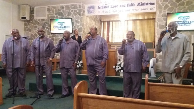 The Greater Love and Faith Ministries Male Chorus sings during its pre-anniversary worship service Saturday at the church. [PHOTOS BY VOLEER THOMAS/SPECIAL TO THE GUARDIAN]